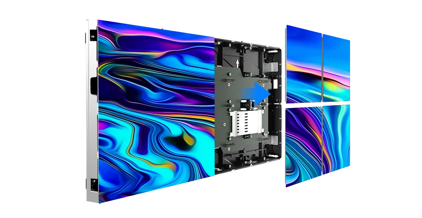 Professional PNG product image of an indoor LED display cabinet by Visual Lab, offering seamless modular design for high-resolution video walls and advanced digital signage solutions.صورة PNG احترافية لهيكل شاشة LED داخلية من فيجوال لاب، بتصميم معياري سلس لجدران الفيديو عالية الدقة وحلول اللافتات الرقمية المتقدمة.