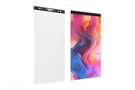 Professional PNG product image of a transparent LED display by Visual Lab, offering innovative see-through screen technology for retail, exhibitions, and modern installations.صورة PNG احترافية لشاشة إل إي دي شفافة من فيجوال لاب، تقدم تقنية عرض شفافة مبتكرة للمساحات التجارية والمعارض والتصاميم الحديثة.