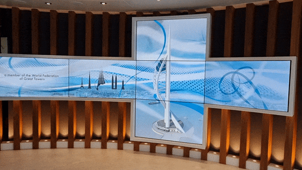 Animated GIF featuring multiple video wall displays by Visual Lab, showcasing seamless large-scale visual systems for control rooms, retail environments, and live events.صورة GIF متحركة تعرض عدة شاشات فيديو وول من فيجوال لاب، تقدم أنظمة عرض كبيرة متكاملة للمراكز التحكم والمساحات التجارية والفعاليات.
