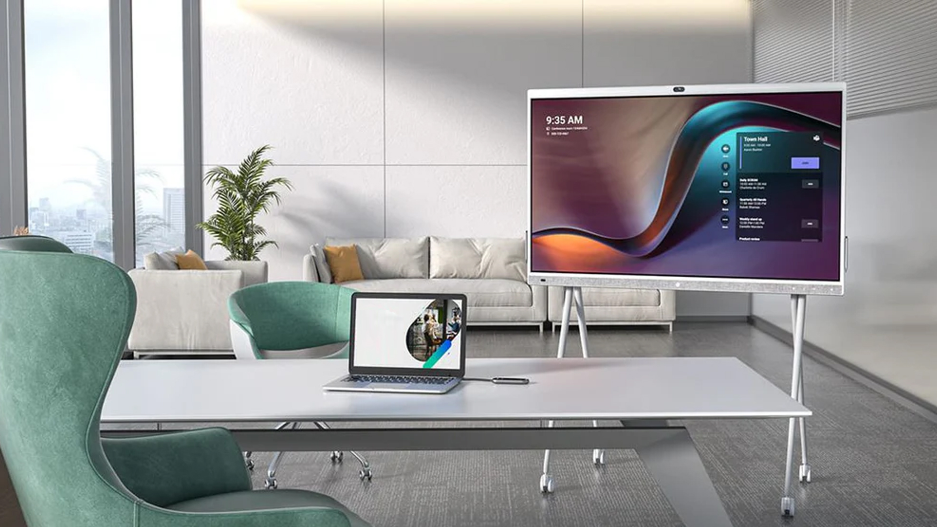 Interactive smart display from visual lab with camera and laptop integration, ideal for meeting rooms, video conferencing, and collaborative workspaces.شاشة تفاعلية ذكية من فيجوال لاب مع كاميرا مدمجة وربط مباشر مع اللابتوب، مثالية لغرف الاجتماعات، المؤتمرات المرئية، وبيئات العمل التعاونية.