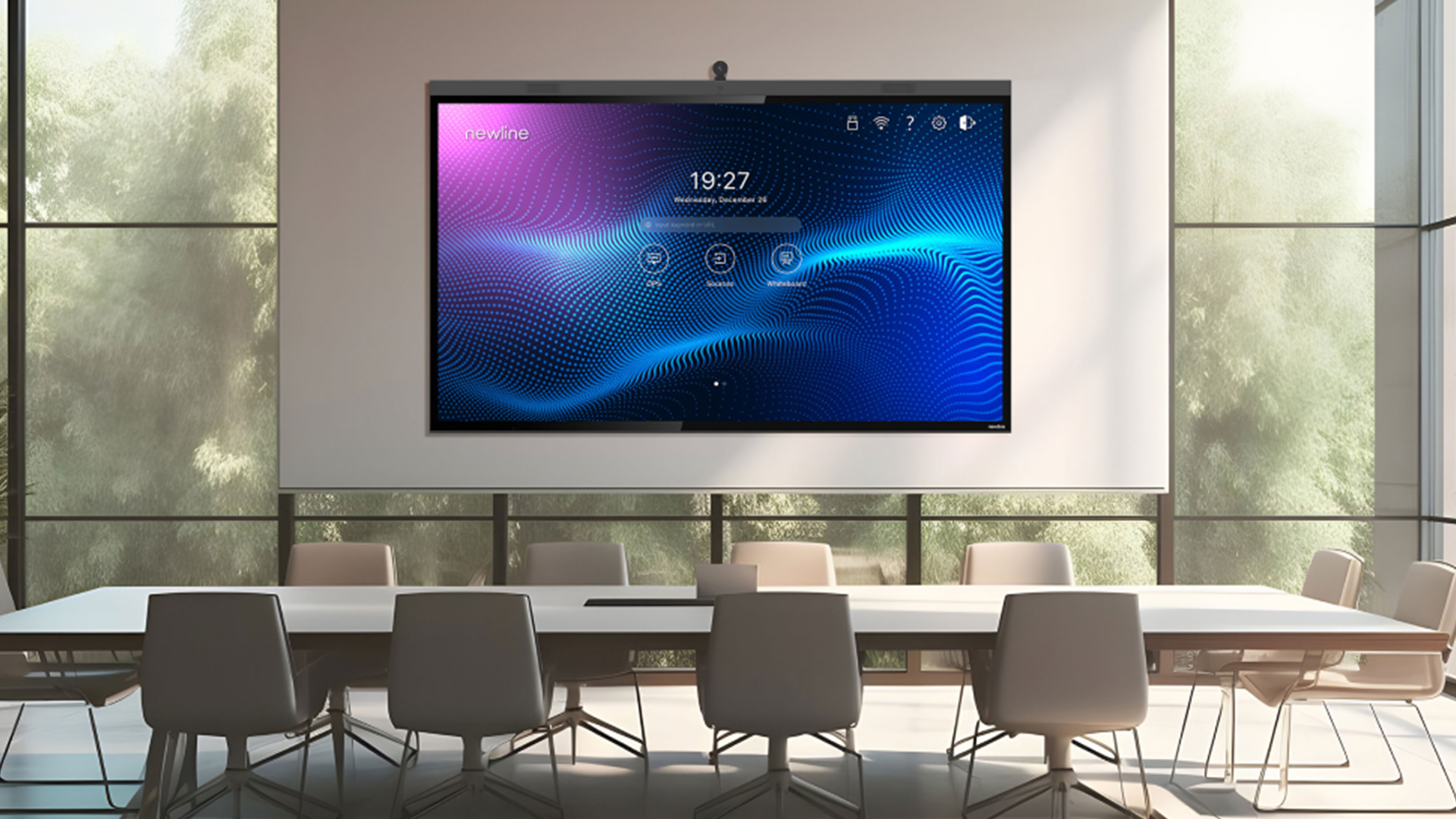 Smart meeting room with interactive display solutions by Visual Lab, designed for advanced collaboration, presentations, and video conferencing in modern corporate environments.غرفة اجتماعات ذكية مزودة بحلول شاشات تفاعلية من فيجوال لاب، مصممة لتعزيز التعاون والعروض التقديمية والاجتماعات المرئية في بيئات الأعمال الحديثة.