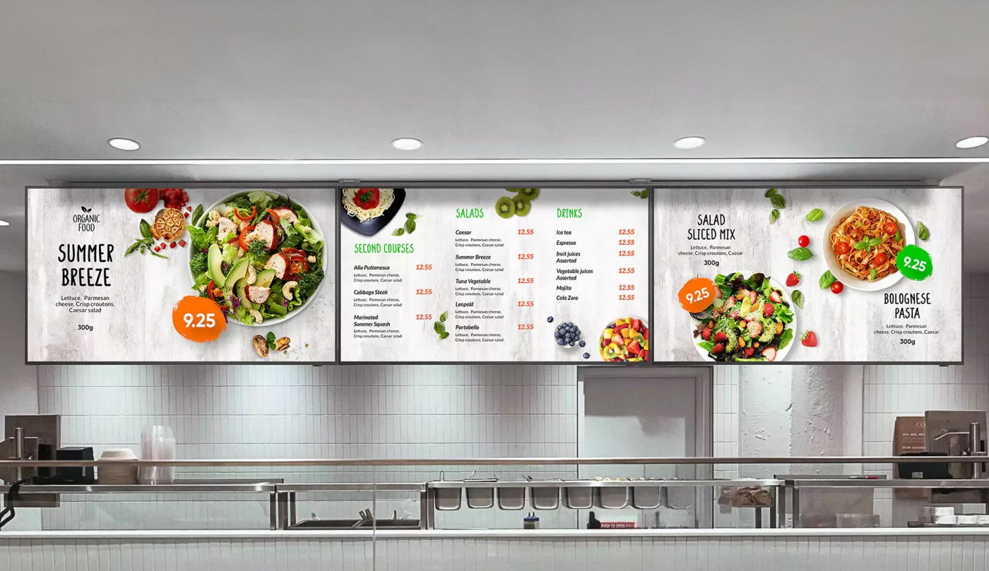 Restaurant digital signage display by Visual Lab, showcasing menus, offers, and engaging visual content to improve customer interaction and dining experience.شاشة ديجيتال ساينج في مطعم من فيجوال لاب، تعرض القوائم والعروض ومحتوى بصري تفاعلي لتحسين تجربة العملاء داخل المطعم.