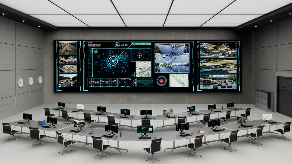 Video wall display system in a control room by Visual Lab, enabling real-time data monitoring, advanced visualization, and seamless multi-screen control.نظام فيديو وول في غرفة تحكم من فيجوال لاب، يتيح مراقبة البيانات في الوقت الفعلي وعرضاً بصرياً متقدماً وإدارة سلسة للشاشات المتعددة.