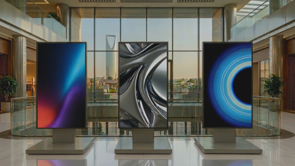 Visual Lab Digital signage displays showcasing dynamic content for advertising, branding, and customer engagement in retail and commercial spaces.شاشات اللوحات الرقمية من فيجوال لاب، تعرض محتوى ديناميكي للإعلانات، وبناء الهوية التجارية، وتعزيز تفاعل العملاء في البيئات التجارية ومساحات البيع بالتجزئة.