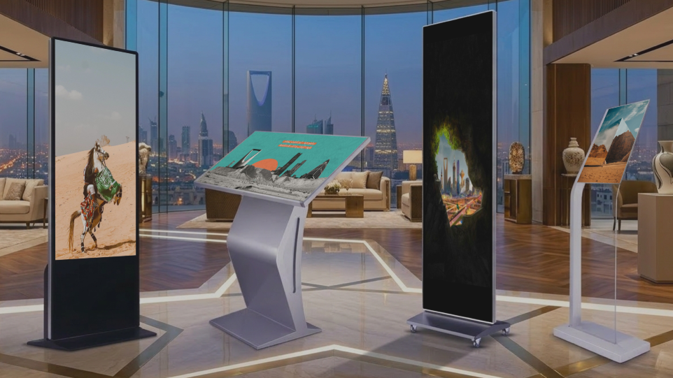 Visual Lab Digital kiosk display with interactive touchscreen, designed for self-service and customer engagement in public spaces.شاشات الأكشاك الرقمية من فيجوال لاب بشاشات لمس تفاعلية، مصممة للخدمة الذاتية وتعزيز تفاعل العملاء في الأماكن العامة.